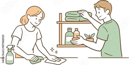Image Generation. Man and woman sharing household cleaning routine, one wiping a surface while the other organizes nearby items