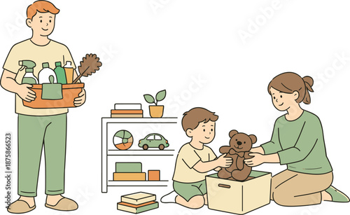 Image Generation. Parents and child cleaning the house as a shared routine, one adult holding cleaning items while the other helps