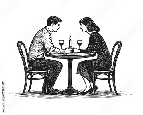 Romantic dinner date with wine and candlelight, couple sitting at round table holding hands; perfect for Valentine’s Day, love, or relationship concepts. Vintage hand-drawn style. Vector illustration.
