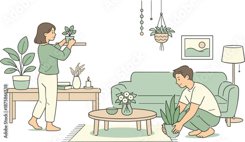 Image Generation. Partners refreshing living space for spring, placing small plants and light decor while sharing tasks calmly