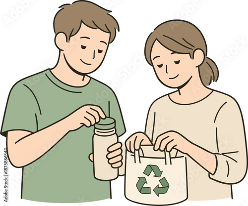 Image Generation. Two people caring for nature in everyday life, standing close and showing a small eco friendly action with