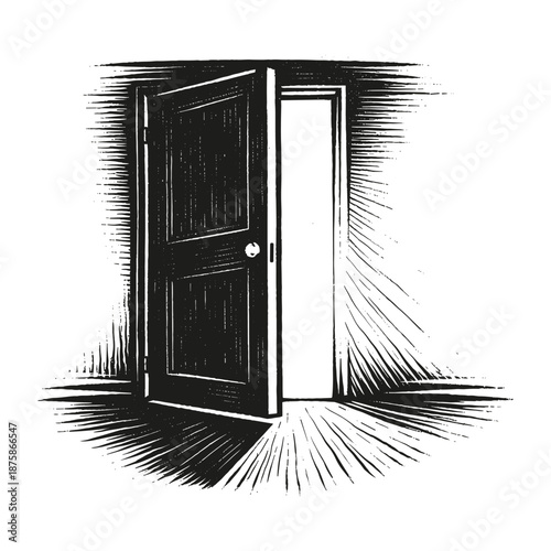 Partially open door with light streaming through, symbolizing opportunity, transition, mystery, or hope; vintage hand-drawn black and white vector illustration.