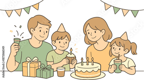 Image Generation. Parents enjoying a small celebration with their children, gentle smiles and calm gestures capturing warmth and