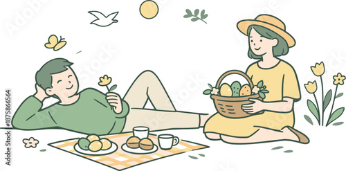 Image Generation. Two people celebrating a spring holiday outdoors, calm body language and easy expressions suggesting rest and