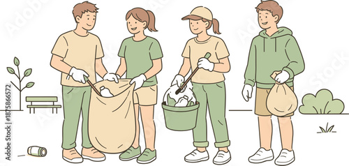 Image Generation. Friends volunteering to clean a neighborhood park, standing side by side and collecting trash with gentle