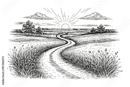 Winding country road leading to sunrise, symbolizing journey, hope, and new beginnings; scenic rural landscape in hand-drawn vintage style vector illustration.