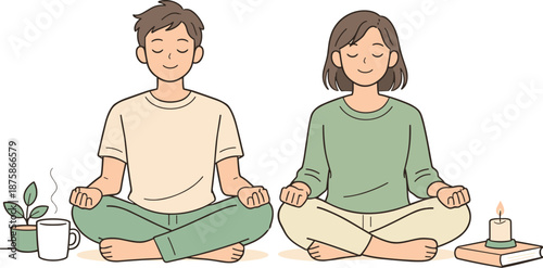 Image Generation. Two people practicing mental wellness in daily life, seated side by side and breathing calmly with gentle body