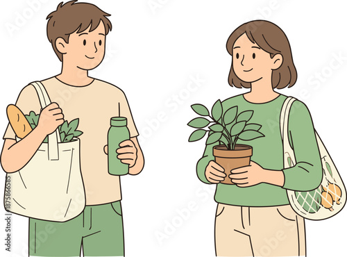 Image Generation. Two people practicing everyday environmental care, subtle gestures like holding reusable bags and plants with