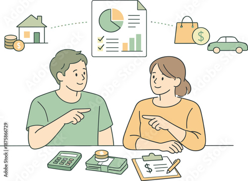 Image Generation. Man and woman discussing personal finances calmly, seated side by side and pointing gently at abstract budget