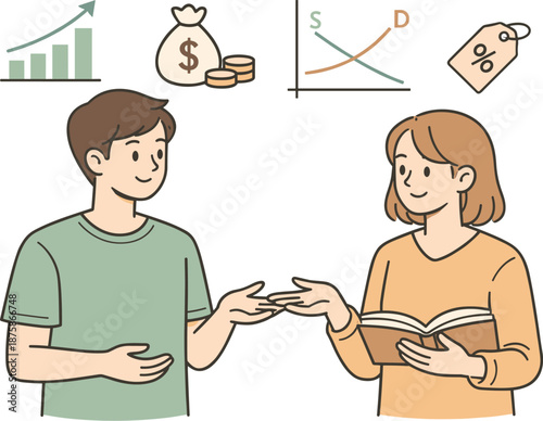 Image Generation. Two people learning basic economic concepts, standing side by side and gesturing gently as they exchange