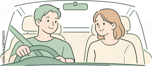 Image Generation. Partners enjoying a quiet city drive, man and woman sitting comfortably in a compact car with gentle expressions
