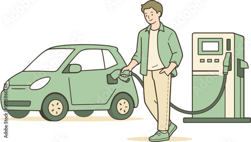 Image Generation. Person stopping to refuel a car during daily routine, standing comfortably next to a small vehicle and gently