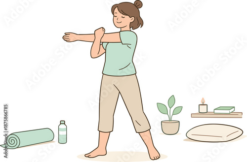 Image Generation. Woman practicing a gentle workout at home, standing comfortably and performing light exercises with mindful