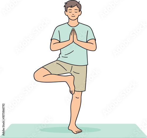 Image Generation. Man starting his day with gentle yoga practice, balanced pose and slow breathing reflected through relaxed body