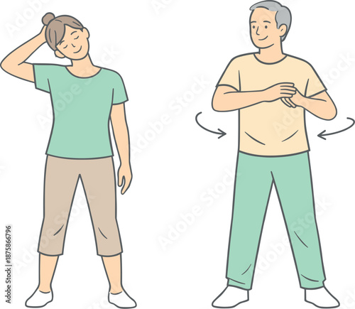 Image Generation. Individuals caring for physical health with light exercise, two people standing comfortably and performing