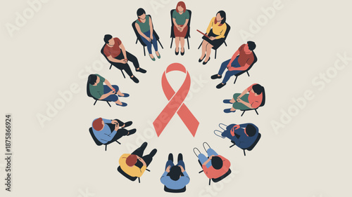 Support group gathering around cancer awareness ribbon Vector