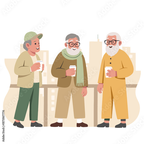 Three elderly men chatting while holding coffee cups outdoors . Elderly set