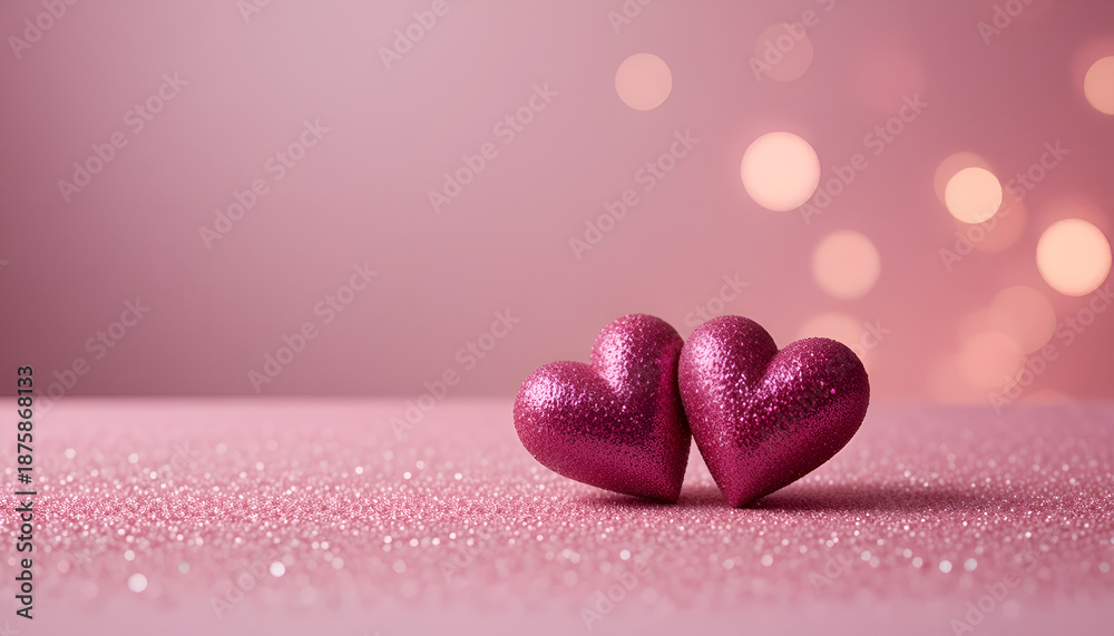 Fototapeta premium Two Glittery Pink Hearts on Sparkling Pastel Pink Background