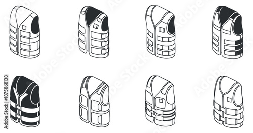 A collection of life vests in black and white outline vector style, perfect for outdoor and water safety illustrations