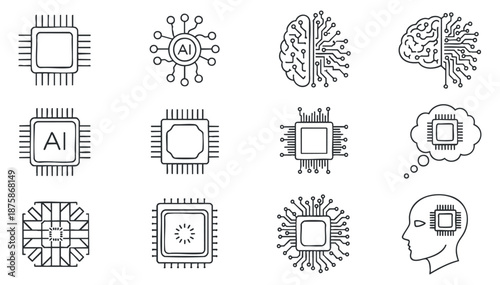 A collection of AI and technology-themed icons featuring circuit chips, neural networks, and brain concepts in outline vector style, suitable for tech-related projects and branding
