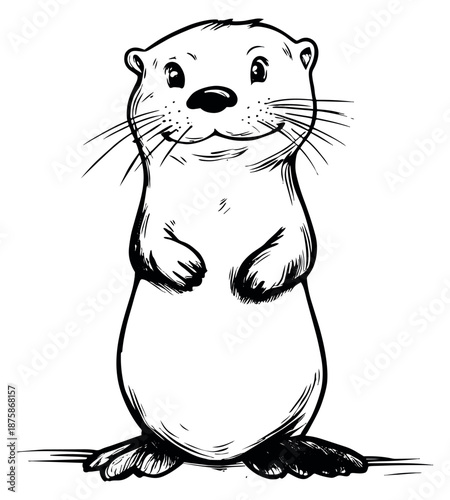 Hand drawn line art illustration of an otter depicting it standing on its hind legs for kids' designs and nature themes