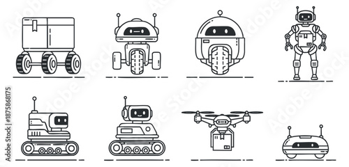 A collection of various robot designs including drones, vehicles, and humanoid figures in minimalist vector style, perfect for technology and robotics projects