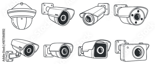 A collection of various security cameras in outline vector style, suitable for technology and security design projects