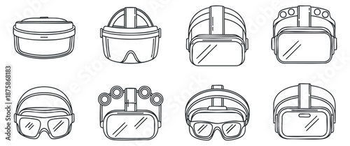 A set of various virtual reality headsets and goggles in clean outline vector style, suitable for technology and gaming projects