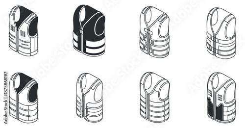 A collection of different styles of safety vests in black and white outline vector style, suitable for workwear and safety design