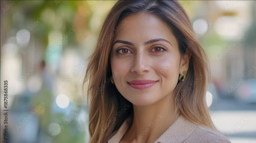 custom made wallpaper toronto digitalConfident and professional woman wearing corporate attire smiling in an urban setting. She has brown hair, is accessorized with earrings and lipstick.