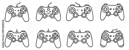 A collection of eight gaming controllers in minimalist outline vector style, ideal for gaming-themed designs and illustrations
