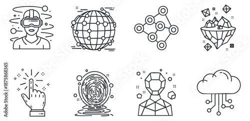 A collection of technology-themed icons featuring virtual reality, globe, data visualization, and abstract designs in clean outline vector style, suitable for digital projects and modern applications