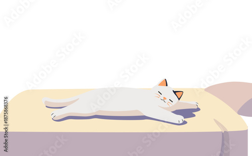 Cat stretched across bed at sunrise – lazy morning bliss illustration