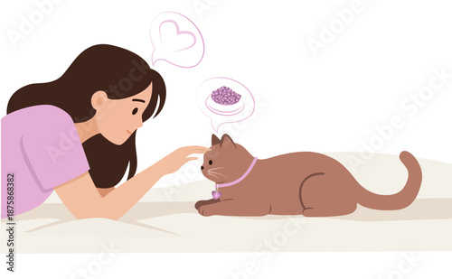 Woman petting cat while lying in bed – cozy morning bonding illustration.