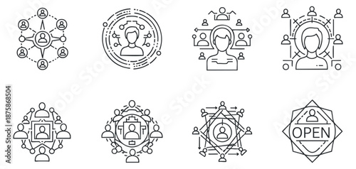 A collection of community and networking icons in clean black outline vector style, suitable for social media and digital platforms
