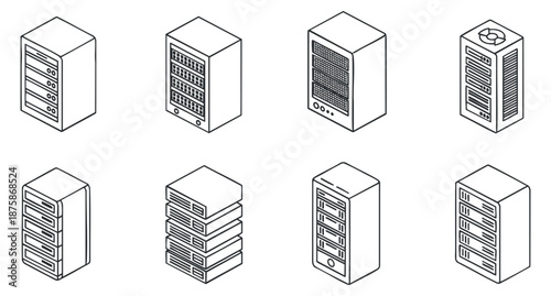 A collection of isometric server illustrations featuring various server types in black and white vector style, suitable for technology and IT projects