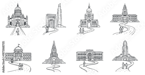 A collection of iconic city landmarks illustrated in detailed black and white outline vector style, suitable for travel and tourism projects