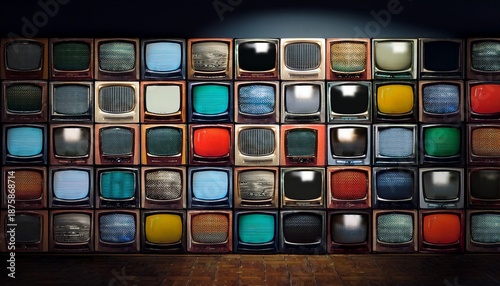 a wall of vintage televisions with static and colorful images playing on their screens in a dark room creating a sense of overwhelming information