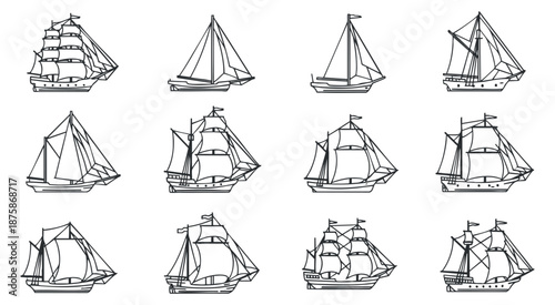 A collection of various sailboats and ships in black and white outline vector style, suitable for nautical-themed designs