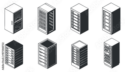 A collection of various server designs in flat black and white vector style, ideal for technology and IT projects