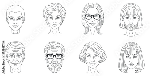A collection of diverse line art portraits featuring various characters with different hairstyles and glasses in minimalist vector style, ideal for creative projects and character design
