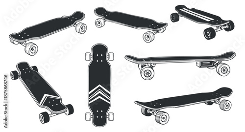 A collection of various skateboards including longboards and standard skateboards in black outline vector style, ideal for sports and lifestyle branding