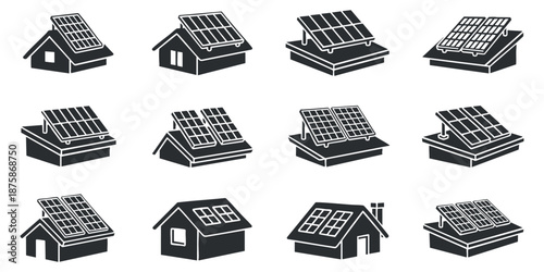 A collection of houses with solar panels on roofs in clean black and white vector style, ideal for renewable energy projects