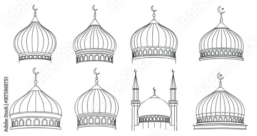 A collection of mosque domes and minarets in linear outline vector style, perfect for architectural design and religious themes