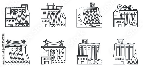 A collection of eight dam and hydropower plant icons in line art vector style, suitable for environmental and engineering projects