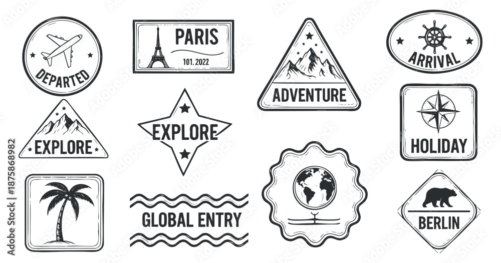 Obraz premium A collection of travel-themed vector icons including stamps and stickers for Paris, Berlin, and adventure destinations in minimalist black and white style, perfect for travel blogs and brochures.