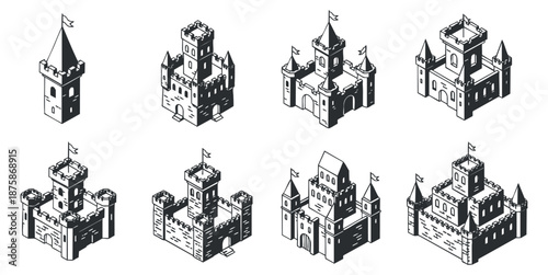 A set of medieval castle illustrations featuring various towers and fortresses in black and white outline vector style, suitable for fantasy-themed projects
