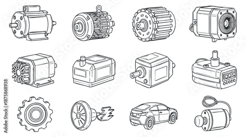 A collection of various motors and engines in outline vector style, suitable for automotive and engineering design projects