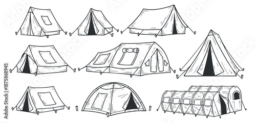 A collection of various camping tents in black and white sketch style, ideal for outdoor adventure illustrations