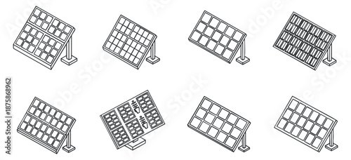 A collection of solar panels in outline vector style, ideal for renewable energy projects and eco-friendly designs